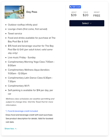 Day Pass product showing F&B Credit tag