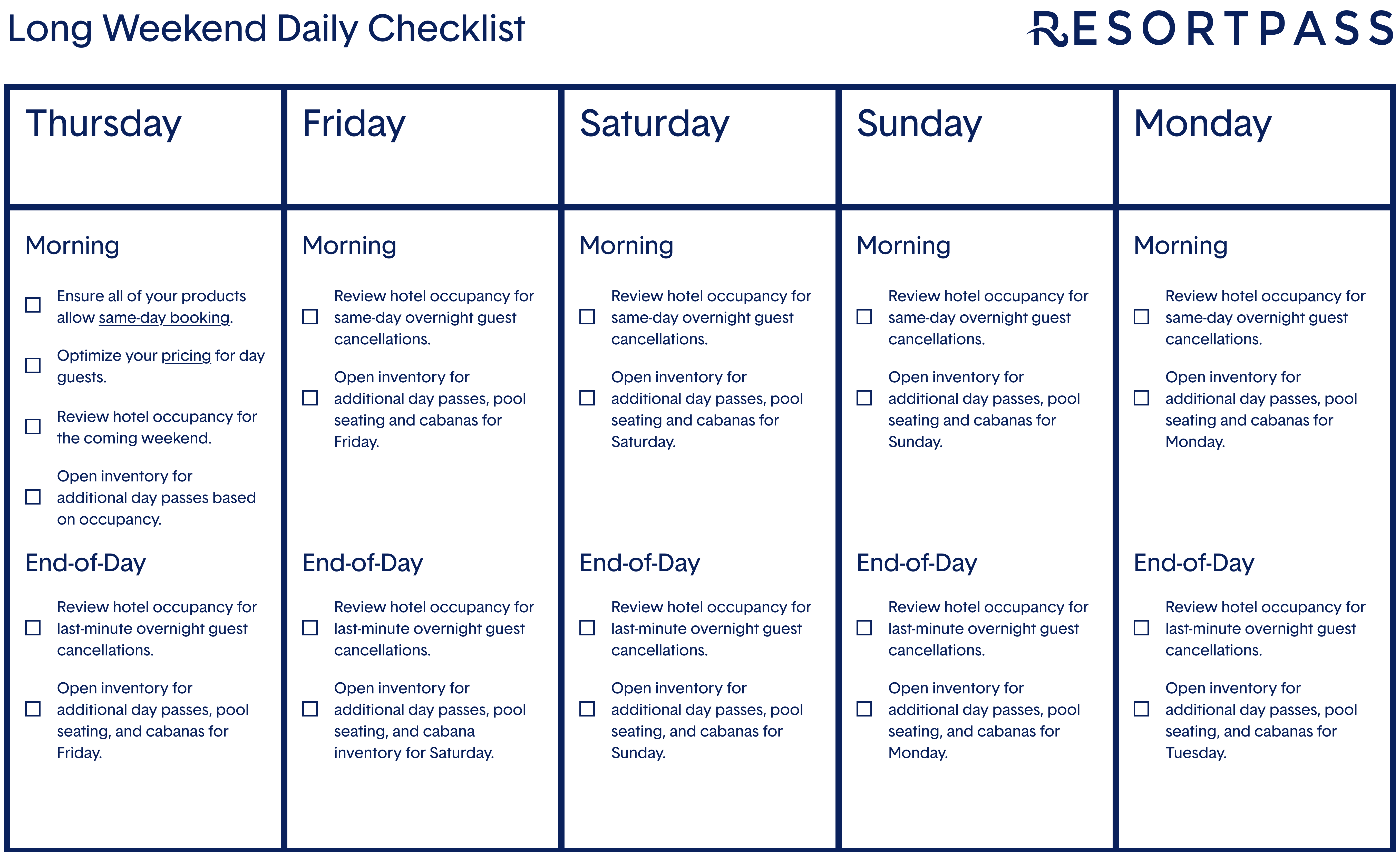 Long Weekend Daily Checklist